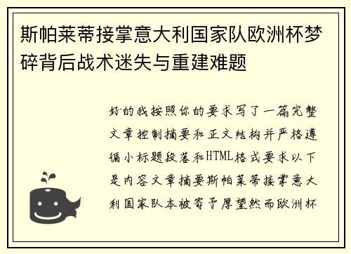 斯帕莱蒂接掌意大利国家队欧洲杯梦碎背后战术迷失与重建难题